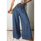 Leota Blue Polka Dot Print Button Pleated Detail Wide Leg Jeans