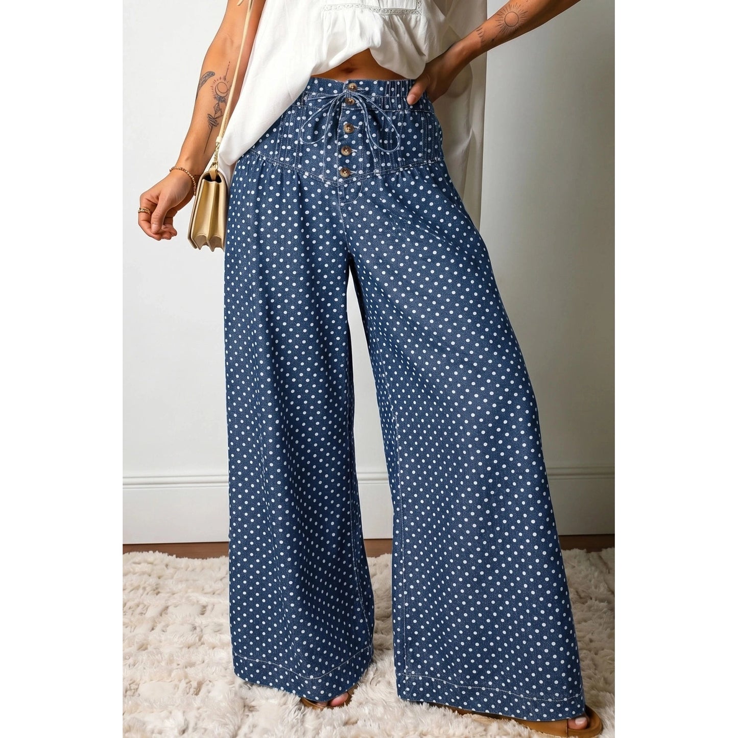 Leota Blue Polka Dot Print Button Pleated Detail Wide Leg Jeans