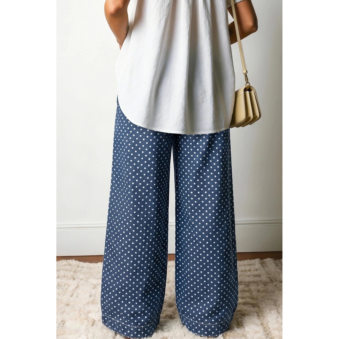 Leota Blue Polka Dot Print Button Pleated Detail Wide Leg Jeans
