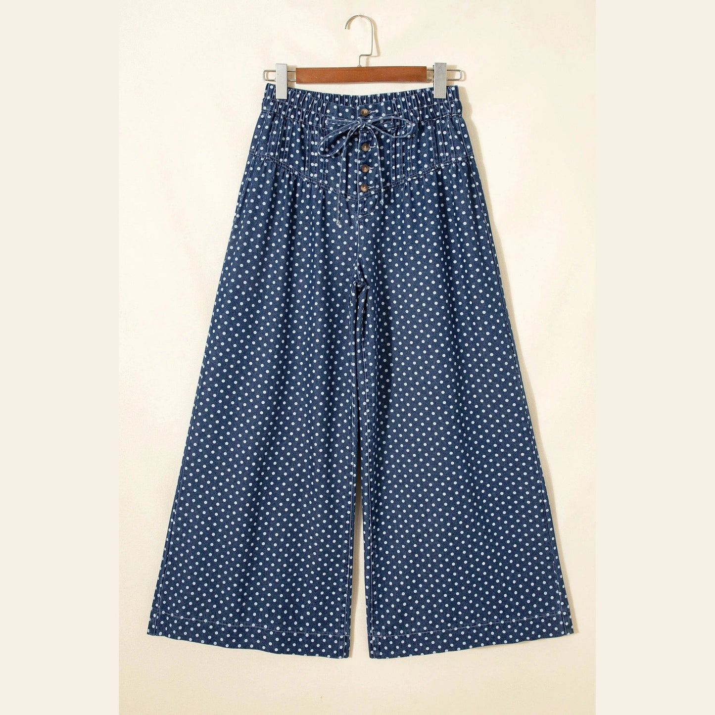 Leota Blue Polka Dot Print Button Pleated Detail Wide Leg Jeans
