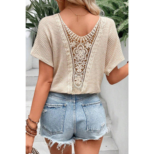 Leslie Oatmeal Guipure Lace Patch Textured T-shirt
