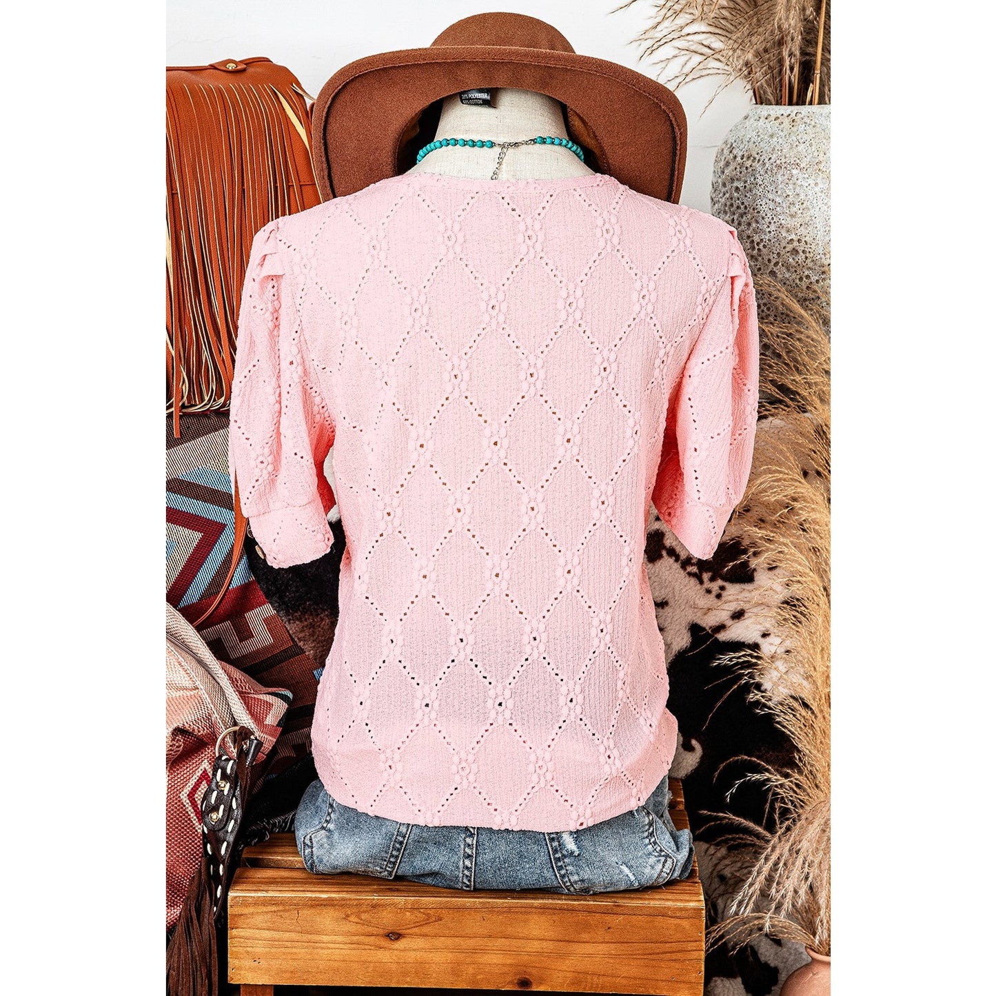 RTS Letta Pink Flower Geometric Textured Button Short Sleeve Top