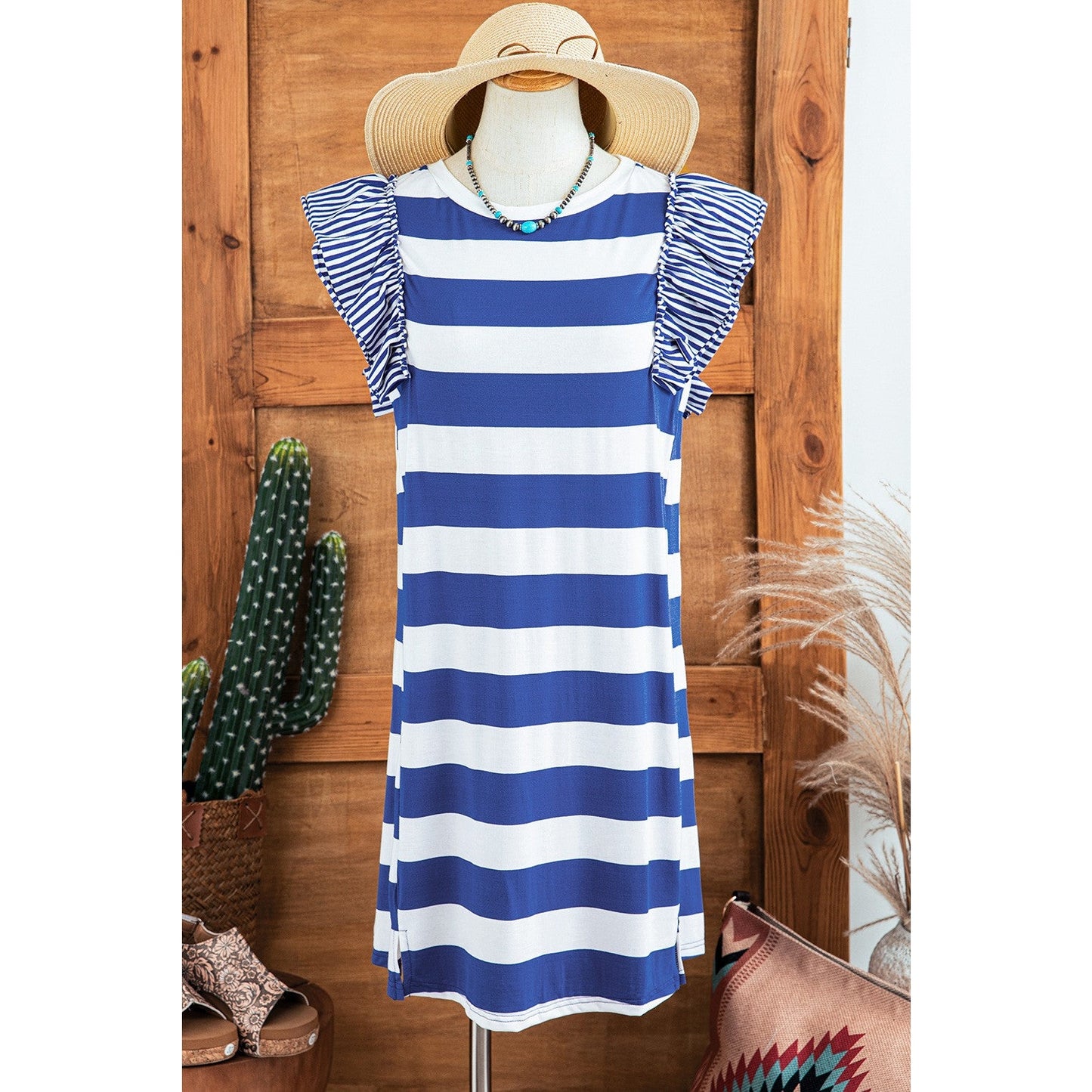 Letecia Blue Stripe Contrast Ruffled Sleeve T-shirt Dress