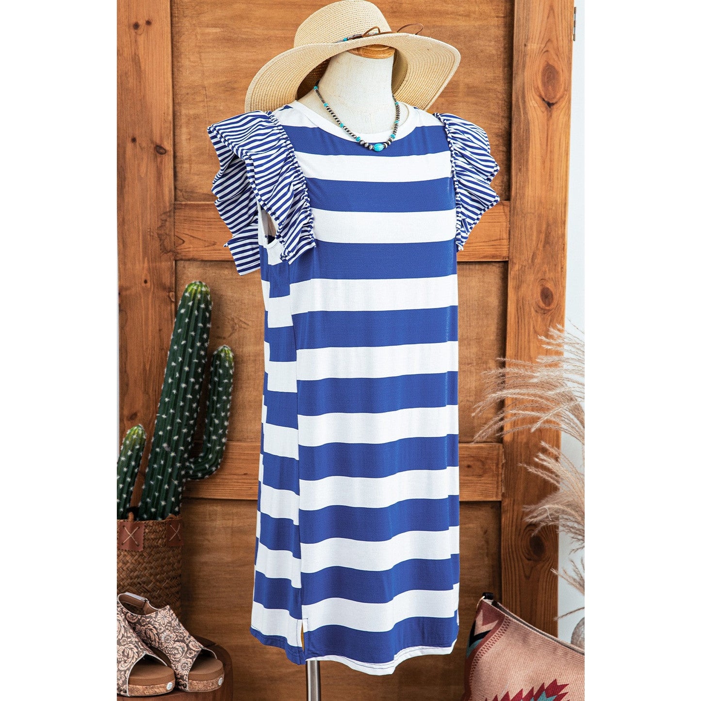 Letecia Blue Stripe Contrast Ruffled Sleeve T-shirt Dress