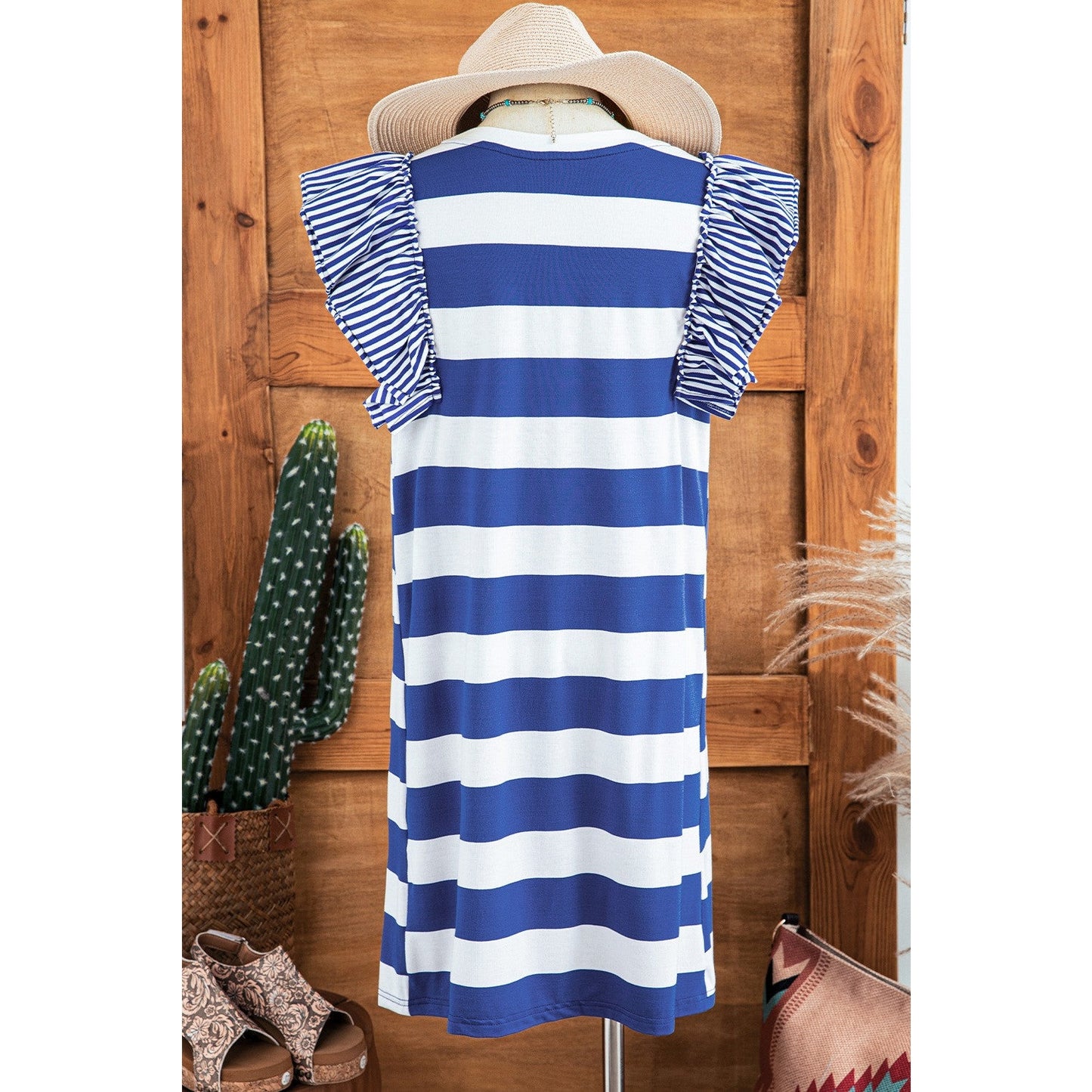 Letecia Blue Stripe Contrast Ruffled Sleeve T-shirt Dress