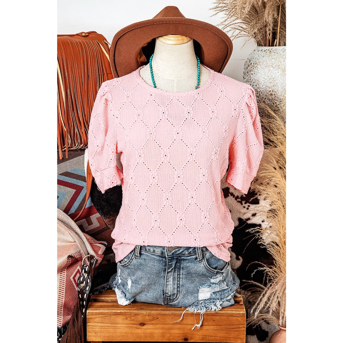 RTS Letta Pink Flower Geometric Textured Button Short Sleeve Top