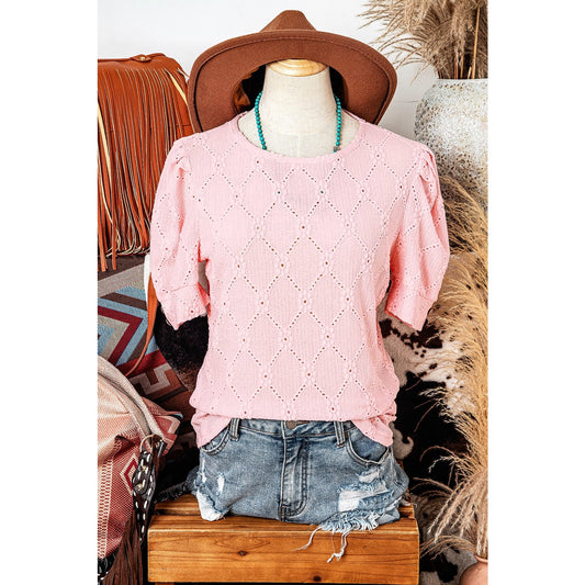 RTS Letta Pink Flower Geometric Textured Button Short Sleeve Top