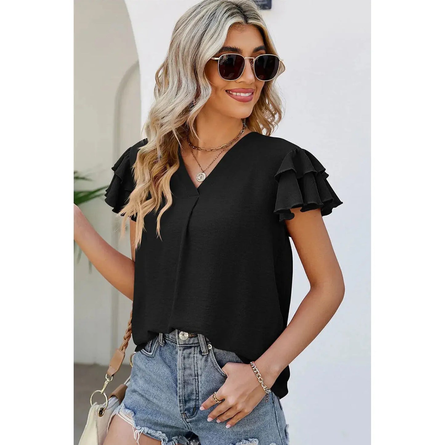 Lettie Black V Neck Ruffle Short Sleeve Blouse