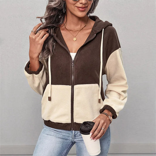 Levene Brown Contrast Trip Zipper Closure Hooded Jacket