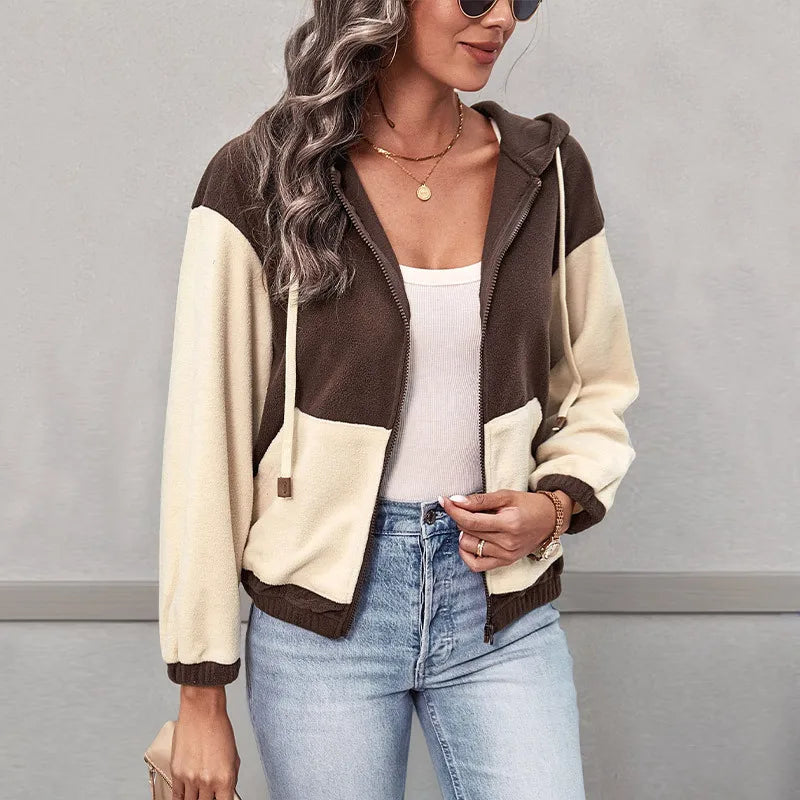 Levene Brown Contrast Trip Zipper Closure Hooded Jacket