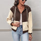 Levene Brown Contrast Trip Zipper Closure Hooded Jacket