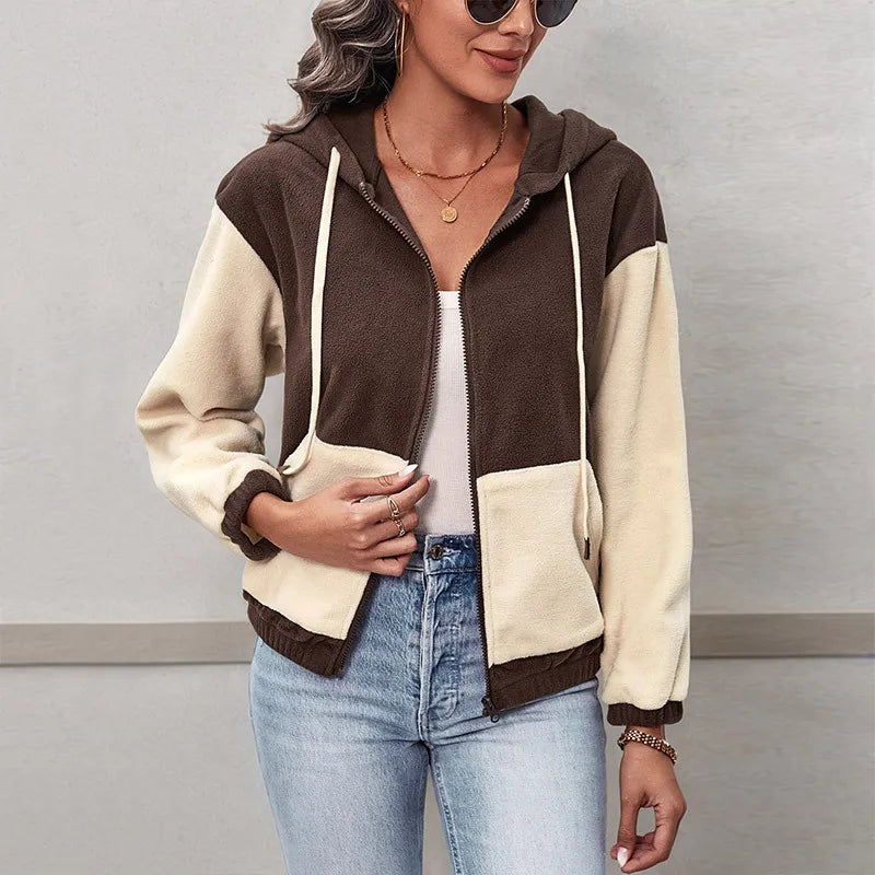 Levene Brown Contrast Trip Zipper Closure Hooded Jacket