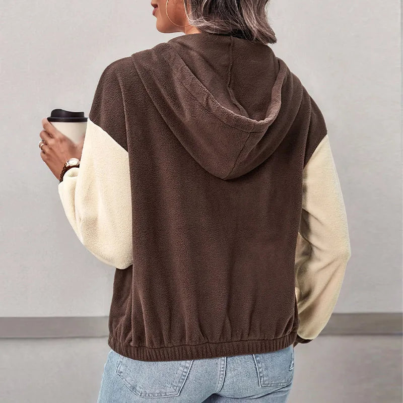 Levene Brown Contrast Trip Zipper Closure Hooded Jacket