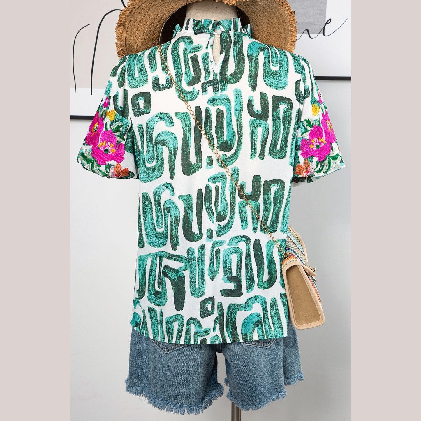 Lex Green Embroidered Puff Sleeve Frilled Neck Printed Top