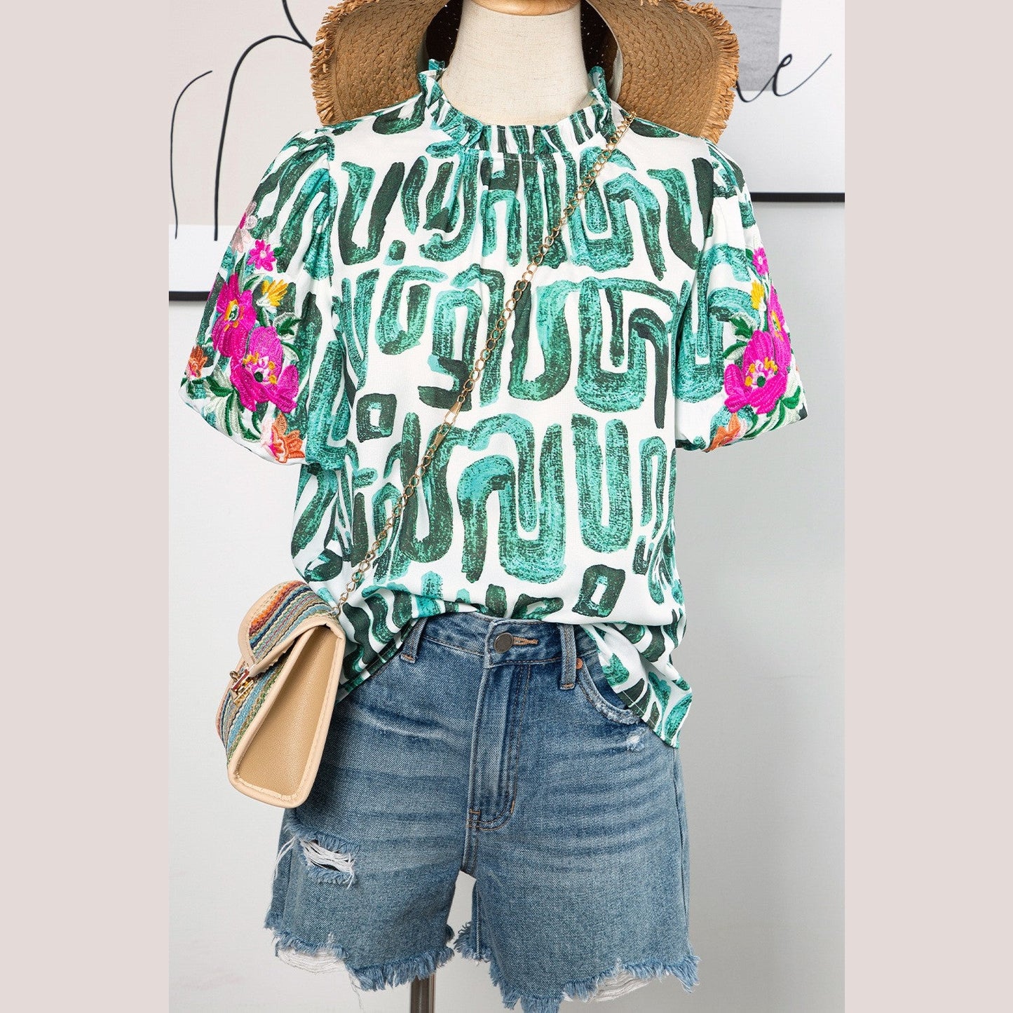 Lex Green Embroidered Puff Sleeve Frilled Neck Printed Top