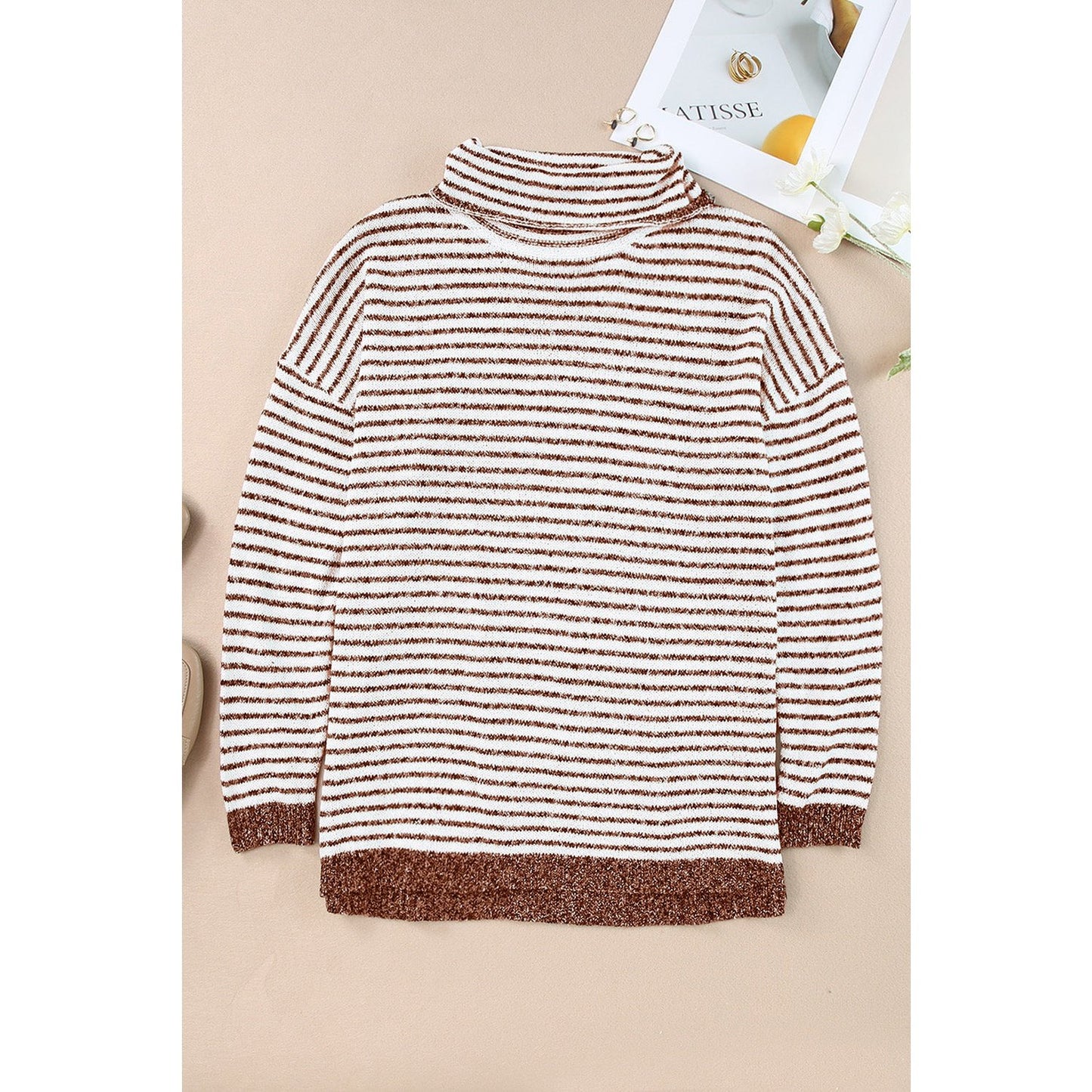 Leyla Brown Striped Turtleneck Loose Sweater