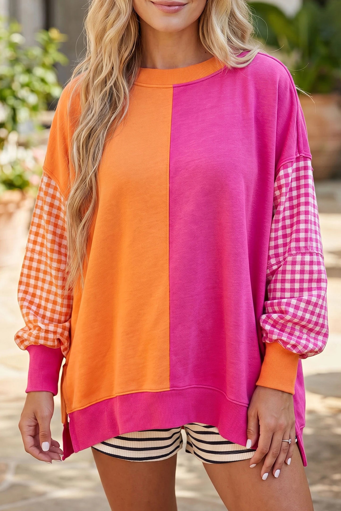 Lia Pink Colorblock Gingham Sleeve Crewneck Sweatshirt