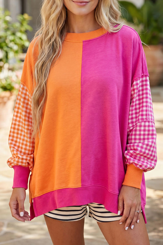 Lia Pink Colorblock Gingham Sleeve Crewneck Sweatshirt