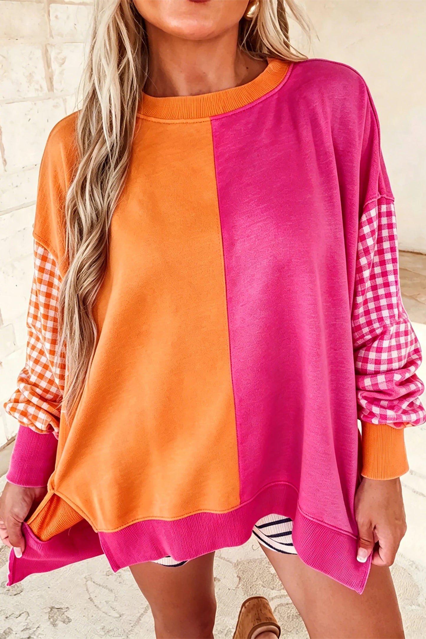 Lia Pink Colorblock Gingham Sleeve Crewneck Sweatshirt