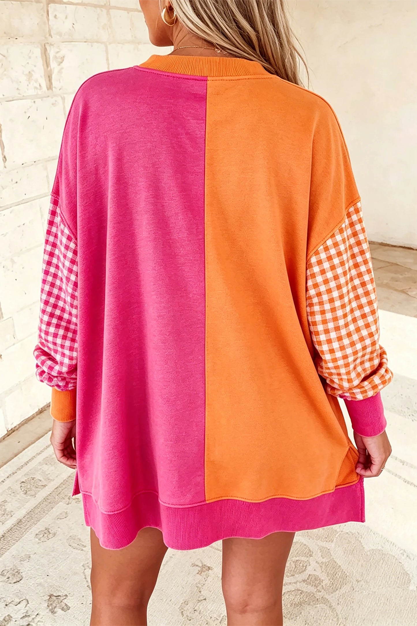 Lia Pink Colorblock Gingham Sleeve Crewneck Sweatshirt