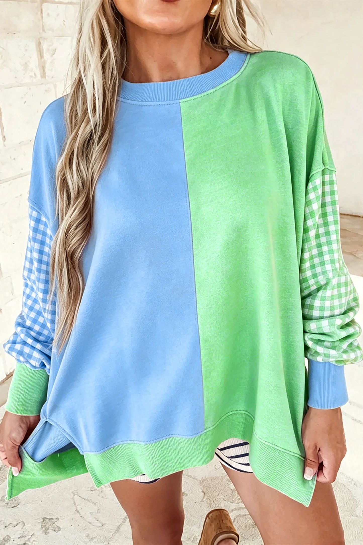 Lia Blue Colorblock Gingham Sleeve Crewneck Sweatshirt