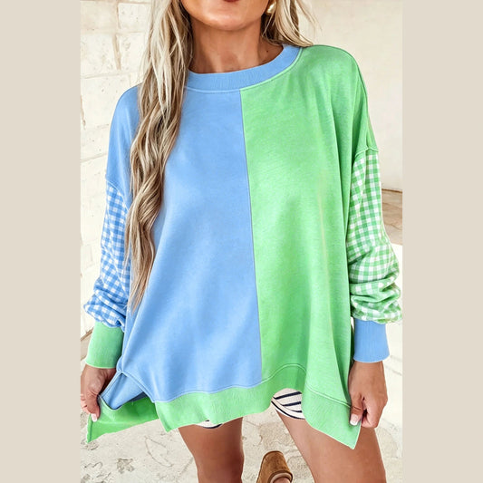 Lia Blue Colorblock Gingham Sleeve Crewneck Sweatshirt