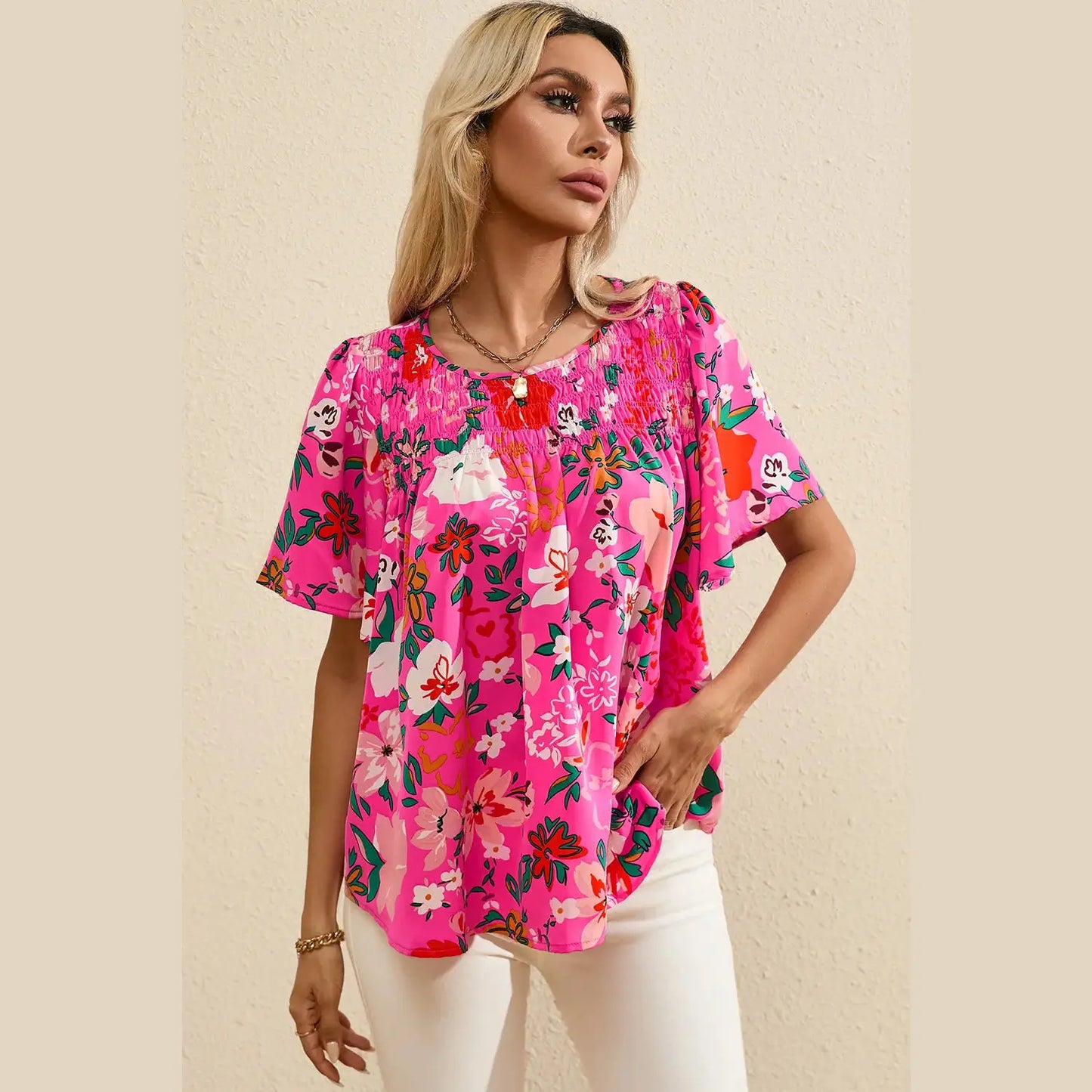 Liandra Pink Floral Short Sleeve Smocked Blouse