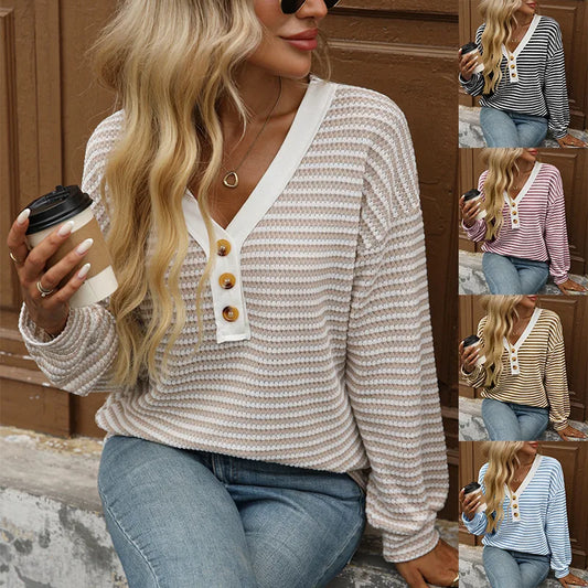 Libby Striped V Neck Waffle Knit Henley Long Sleeve Top