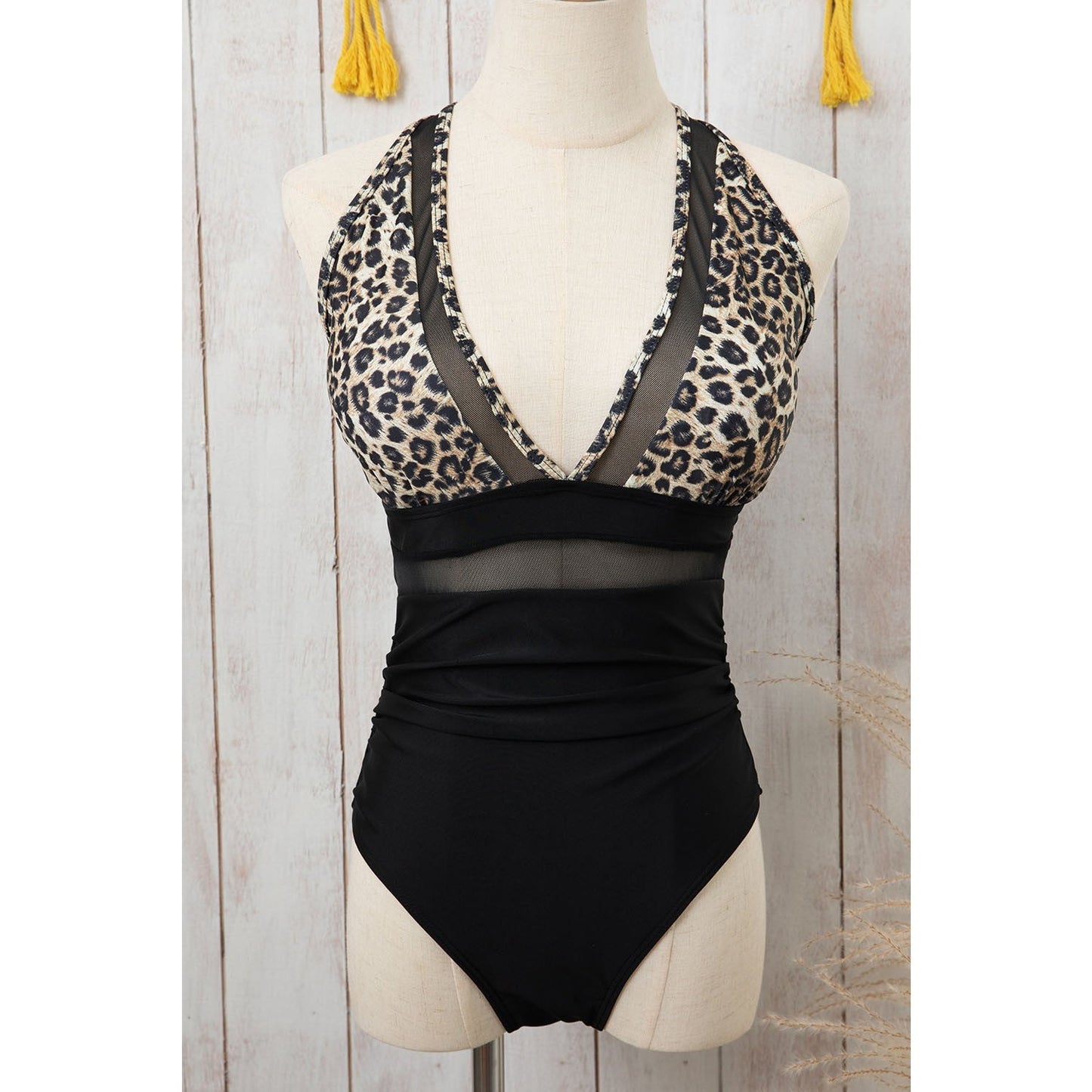 Lilah Brown Leopard Mesh Insert V Neck High Waist Monokini