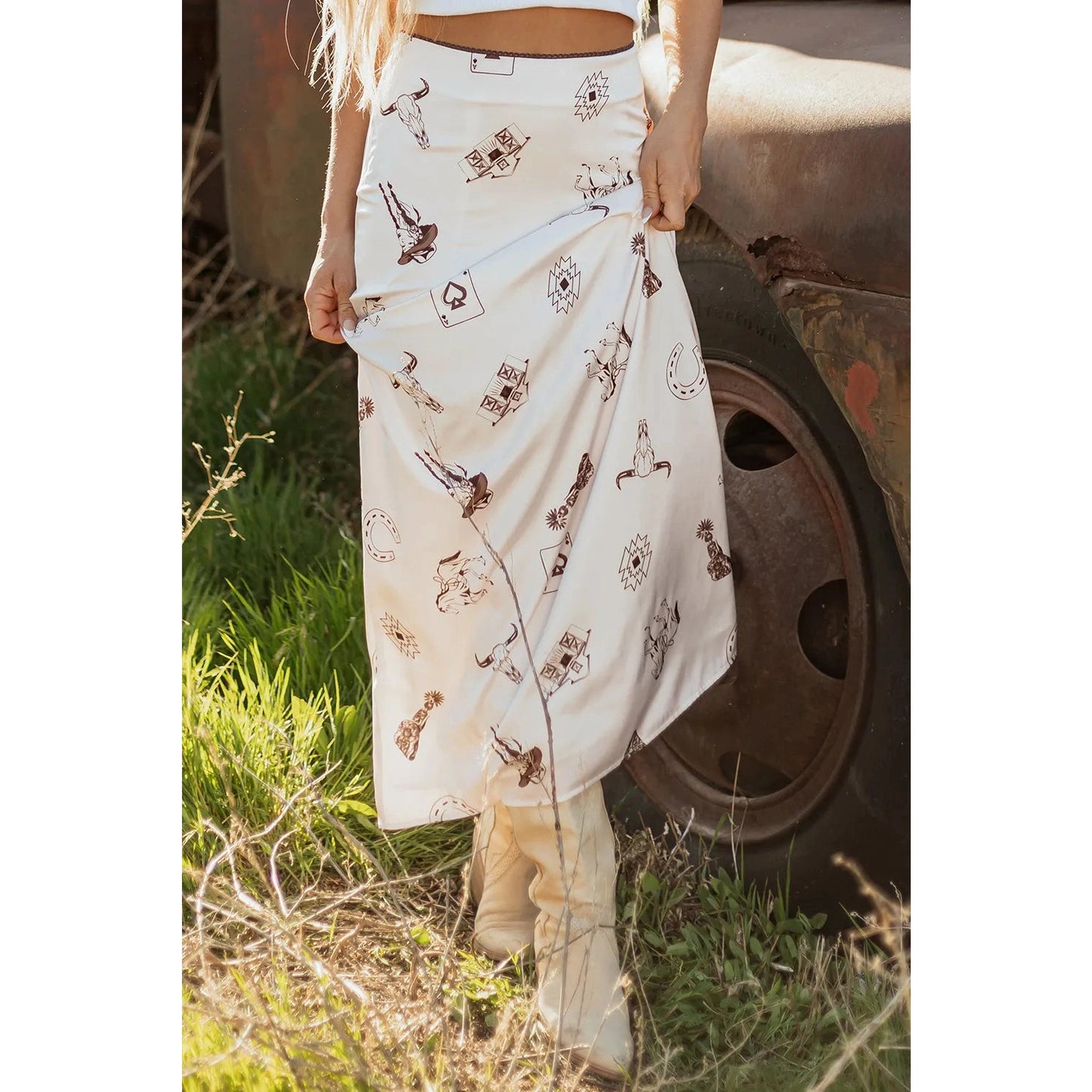 Lilee Beige Western Print Satin Long Skirt