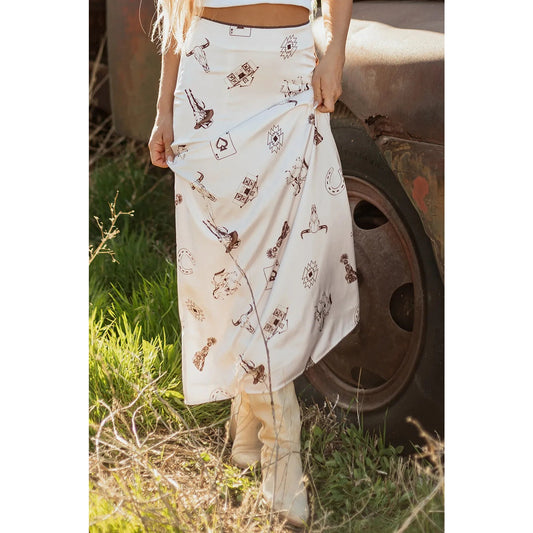 Lilee Beige Western Print Satin Long Skirt