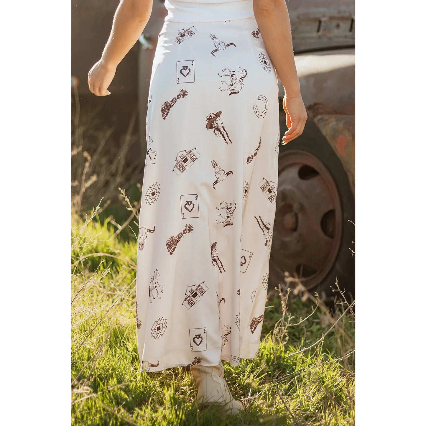 Lilee Beige Western Print Satin Long Skirt