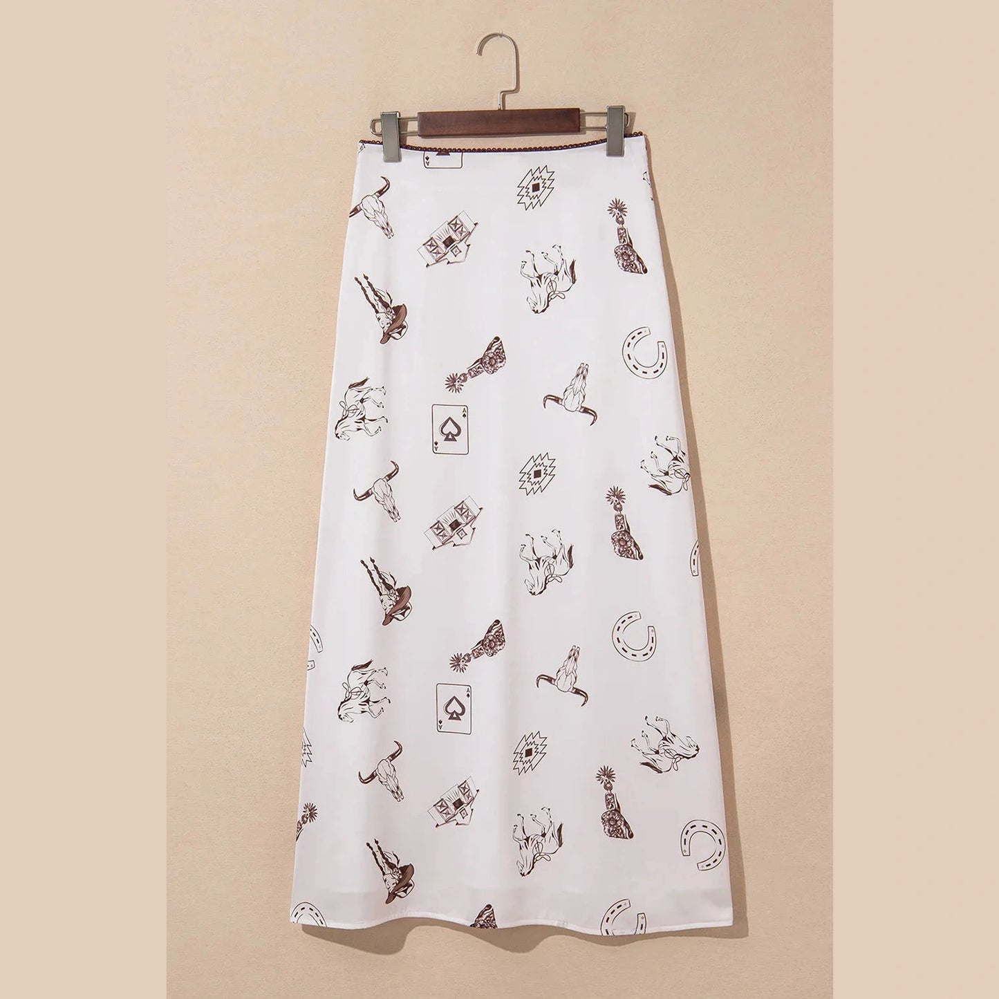 Lilee Beige Western Print Satin Long Skirt