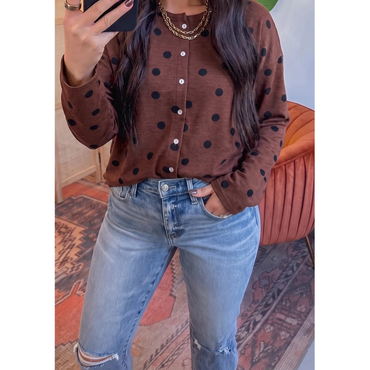 Lilliana Brown Polka Dot Button Front Long Sleeve Casual Shirt