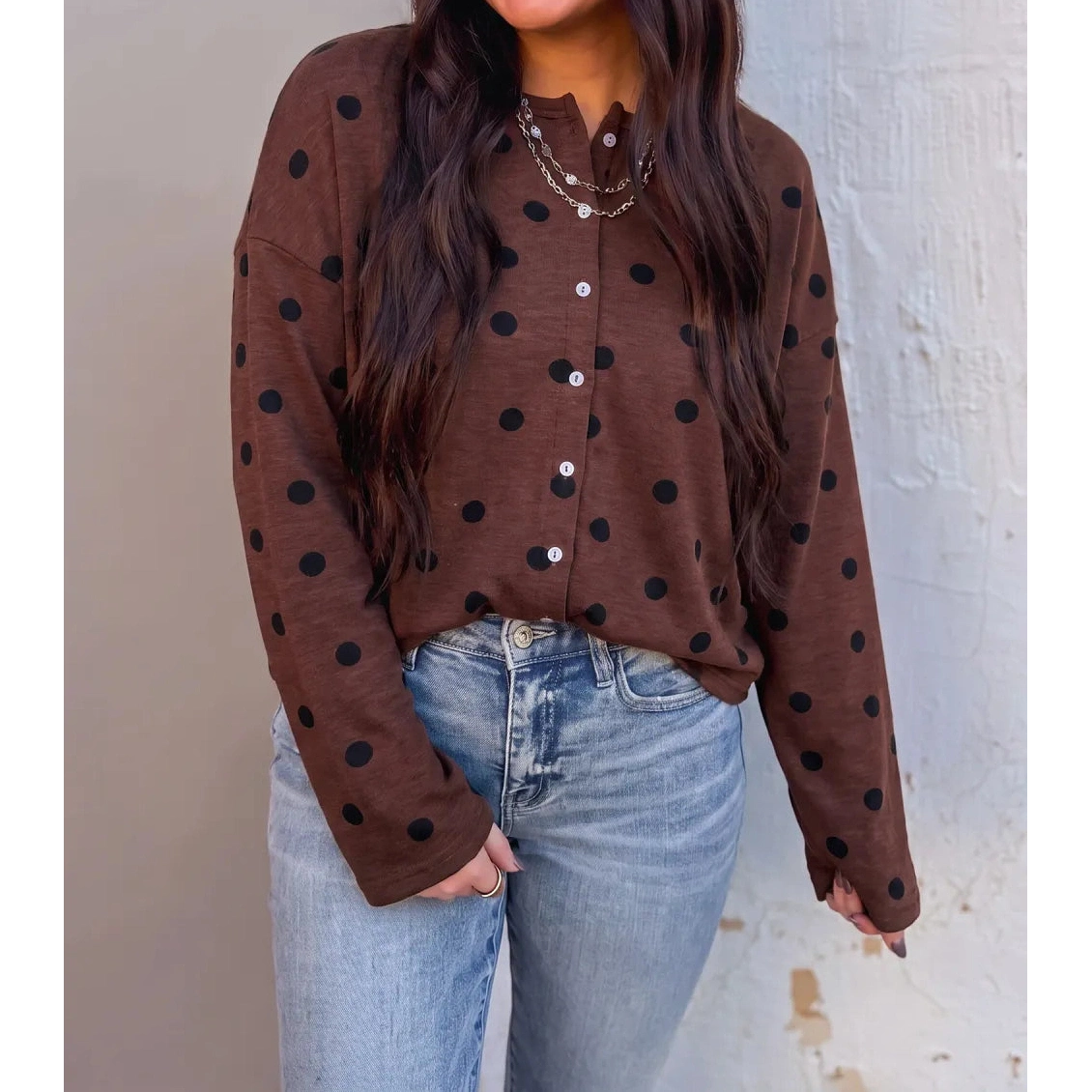 Lilliana Brown Polka Dot Button Front Long Sleeve Casual Shirt