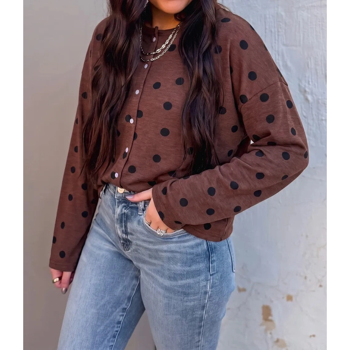Lilliana Brown Polka Dot Button Front Long Sleeve Casual Shirt