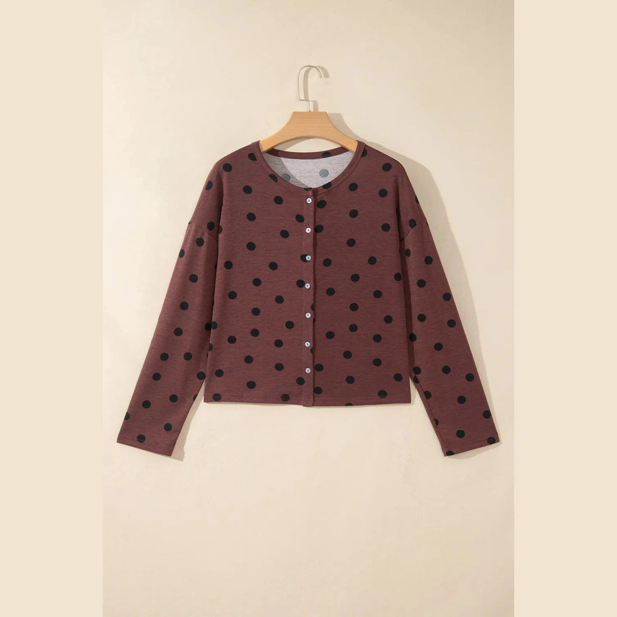 Lilliana Brown Polka Dot Button Front Long Sleeve Casual Shirt