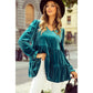 Lillian Sea Green Velvet V Neck Peplum Hem Puff Sleeve Blouse