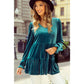 Lillian Sea Green Velvet V Neck Peplum Hem Puff Sleeve Blouse