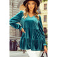 Lillian Sea Green Velvet V Neck Peplum Hem Puff Sleeve Blouse