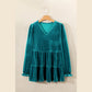 Lillian Sea Green Velvet V Neck Peplum Hem Puff Sleeve Blouse