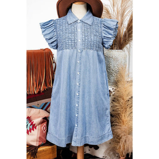 Lilliana Beau Blue Flutter Sleeve Shirred Detail Button Up Denim Mini Dress