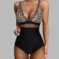 Lilah Brown Leopard Mesh Insert V Neck High Waist Monokini