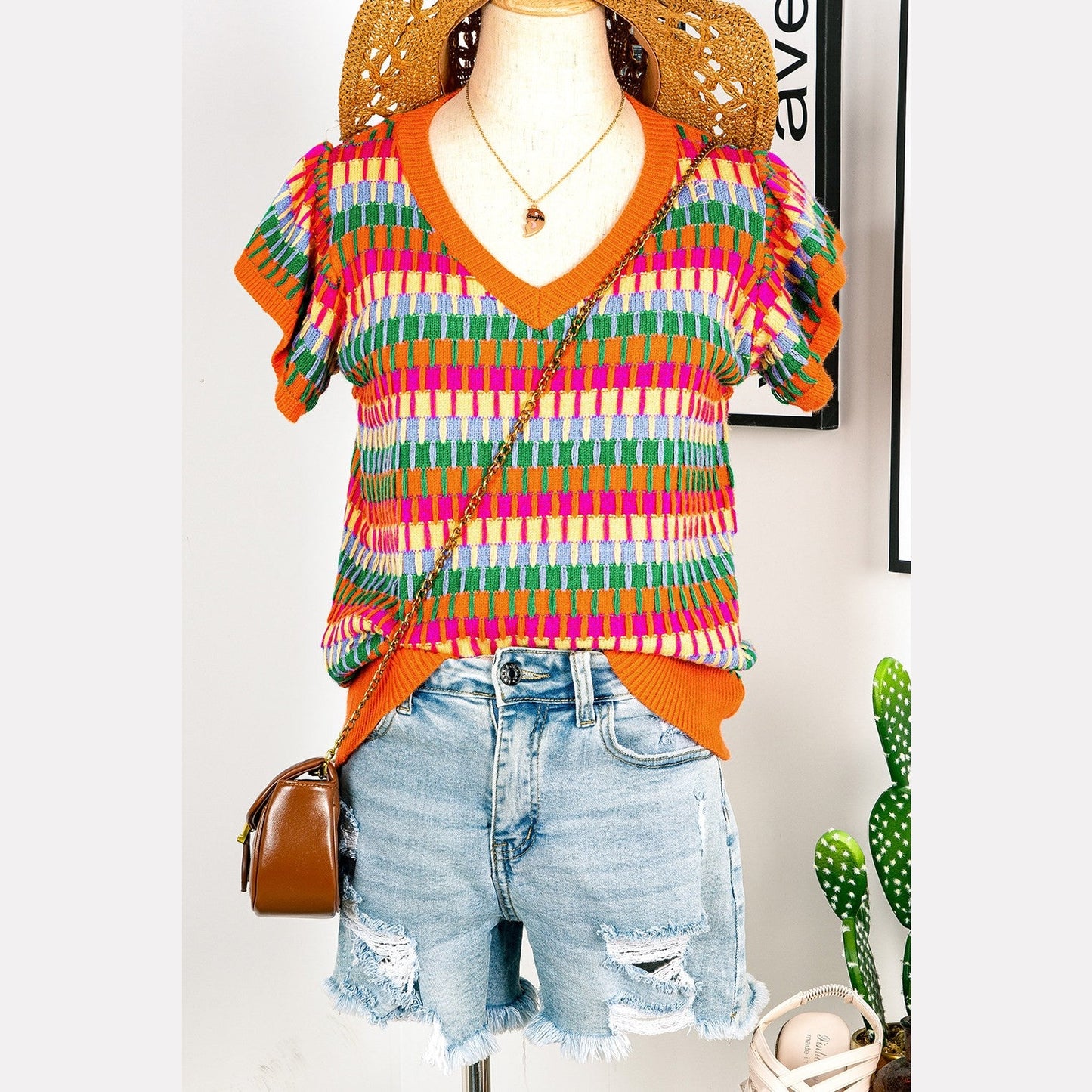 REDUCED!!!  Lisa Orange Multi Flutter Sleeve Knitted Sweater Top  REDUCED!!!