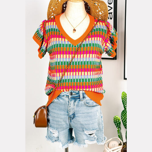 REDUCED!!!  Lisa Orange Multi Flutter Sleeve Knitted Sweater Top  REDUCED!!!