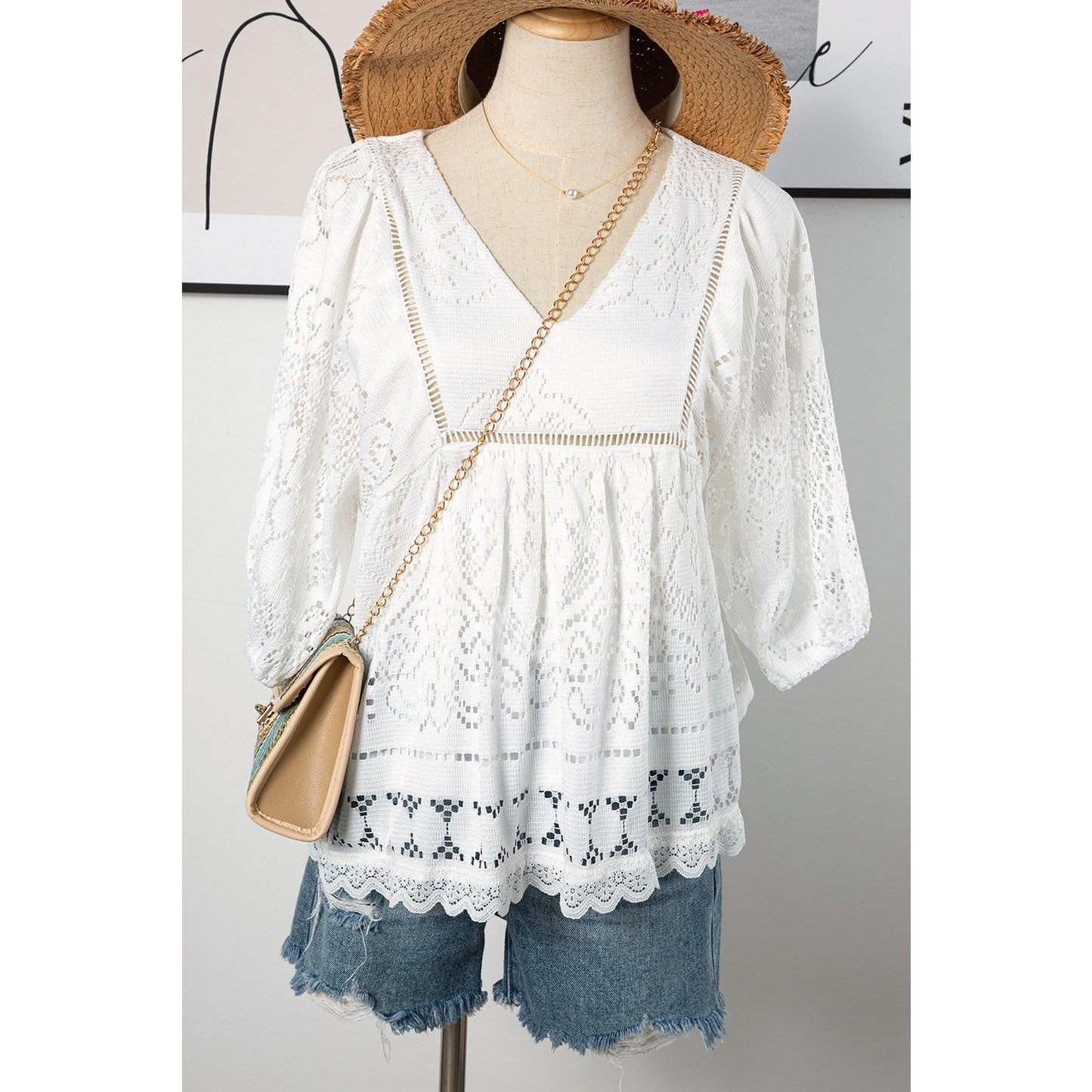 Lisabella White Lace Crochet Hollowed Scallop Hem V Neck Blouse