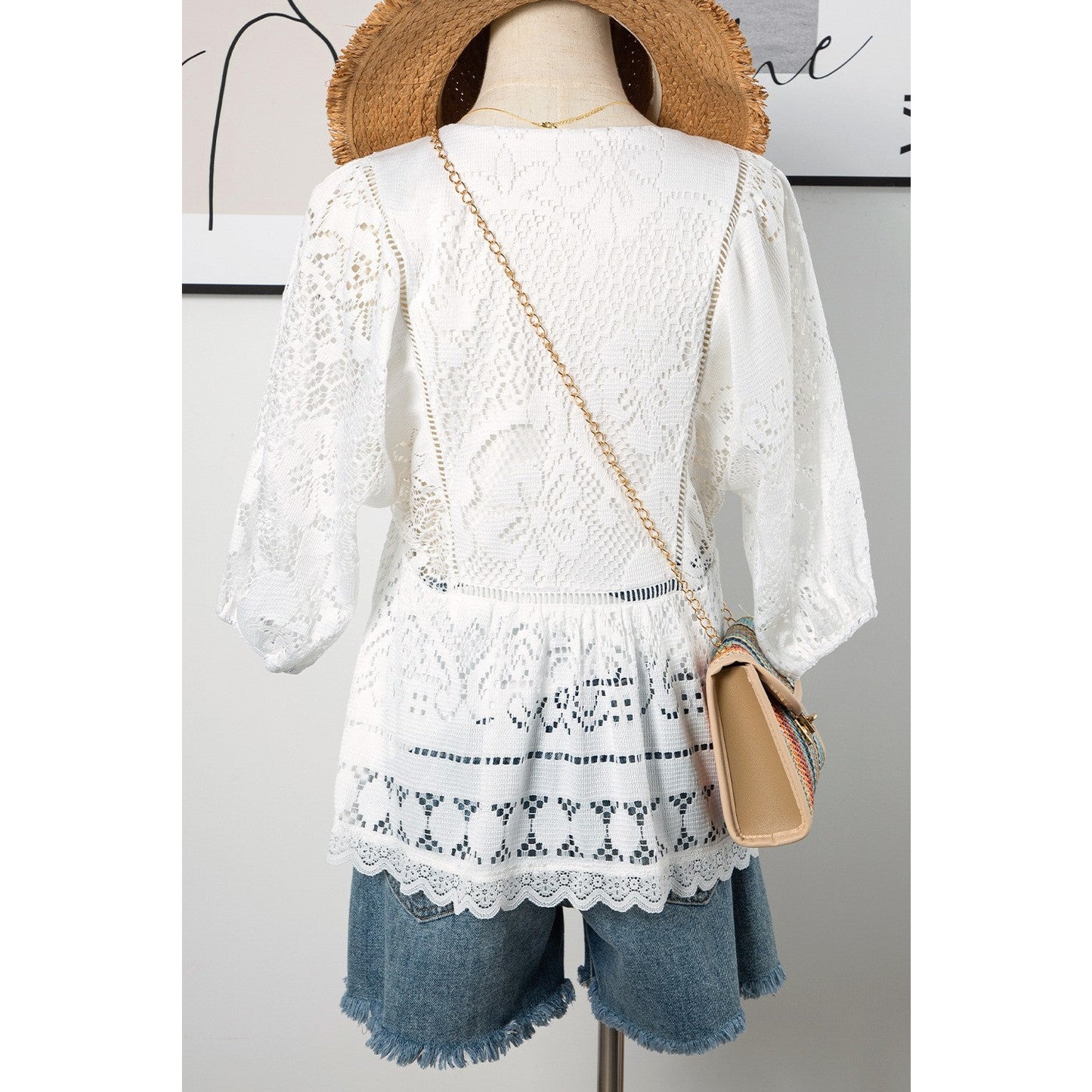 Lisabella White Lace Crochet Hollowed Scallop Hem V Neck Blouse