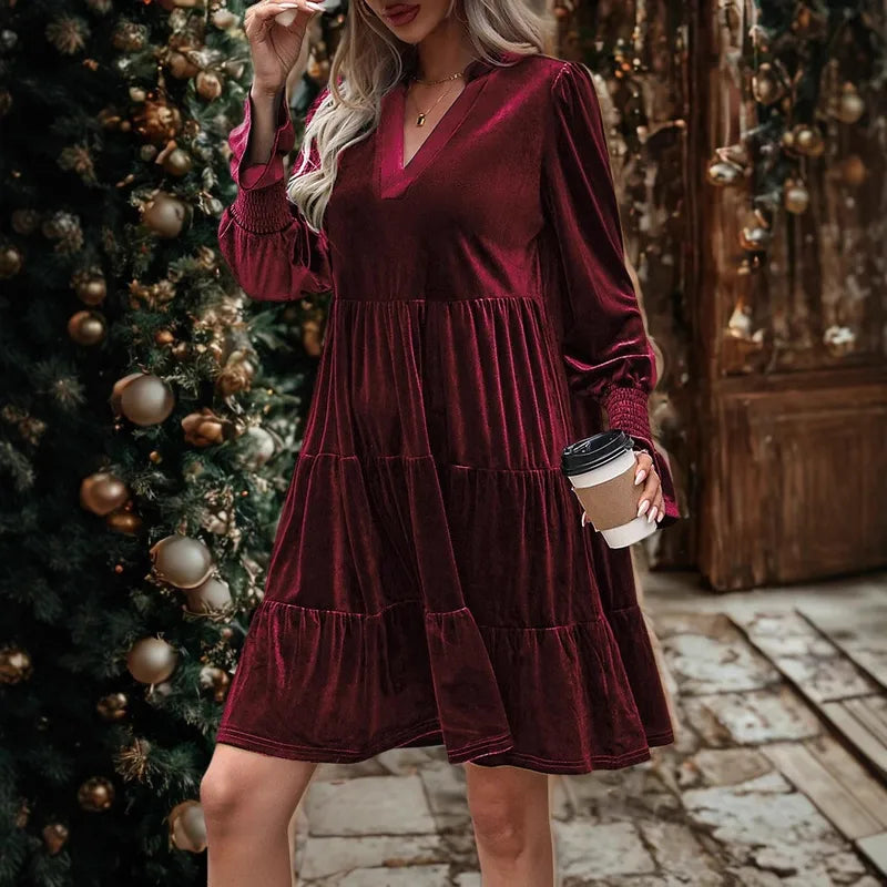 Lisanne Red Velvet Tiered Mini Dress
