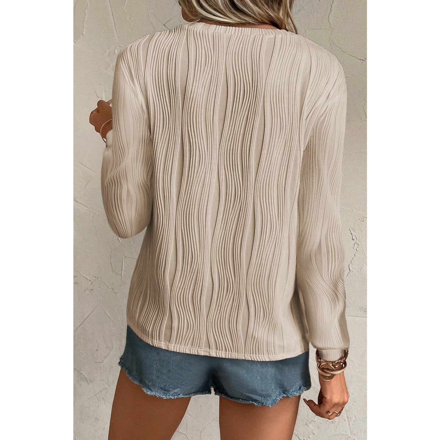 Lisanne Apricot Textured Wavy Round Neck Long Sleeve Top