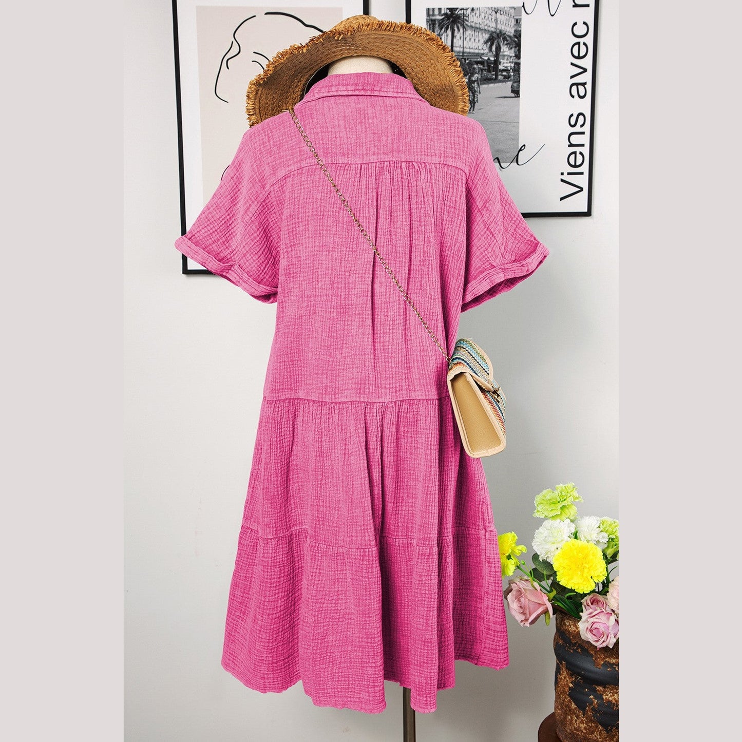 Lisette Strawberry Pink Mineral Wash Crinkle Split Neck Raw Hem Tiered Dress